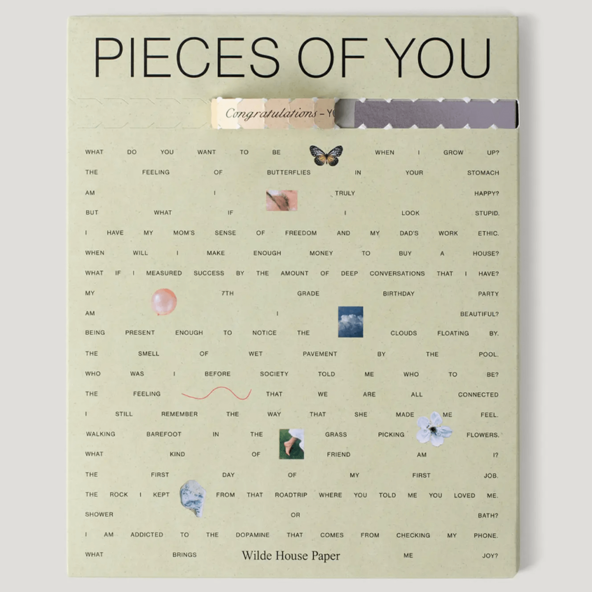 Cover of Pieces of You Journal, featuring whimsical prompts for self-discovery and creativity.