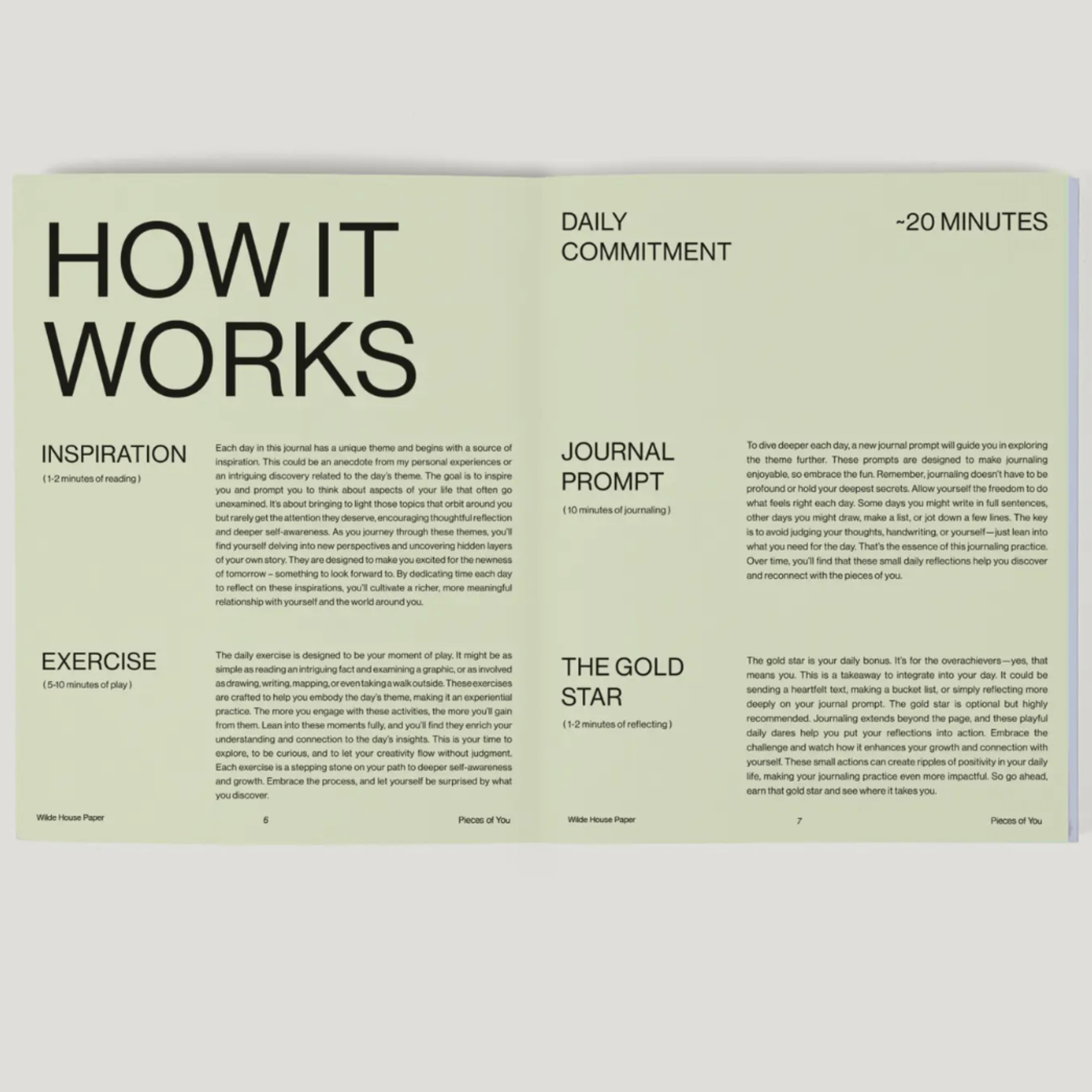 Open journal pages detailing daily inspiration, journal prompts, and exercises for self-discovery in 'Pieces of You Journal'.