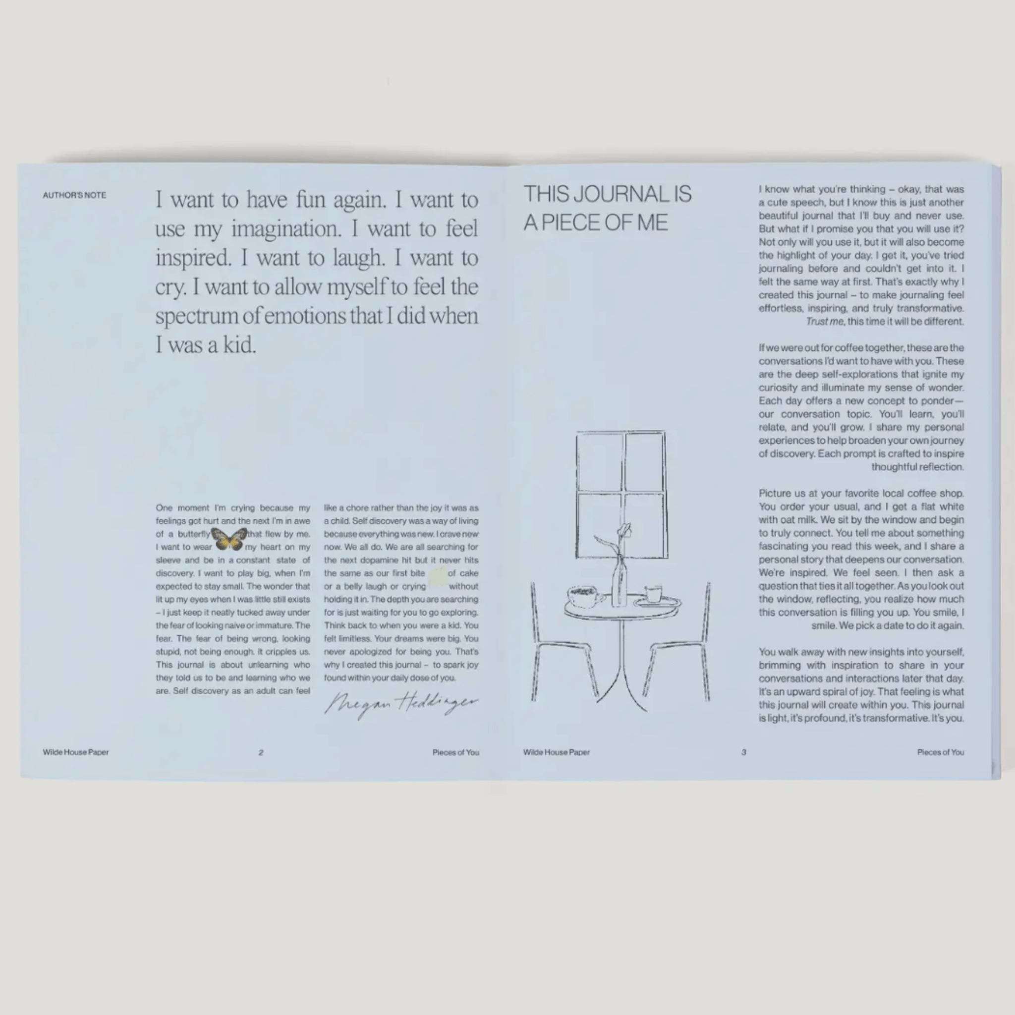 Open pages of the Pieces of You Journal showcasing heartfelt notes and reflections for self-discovery.