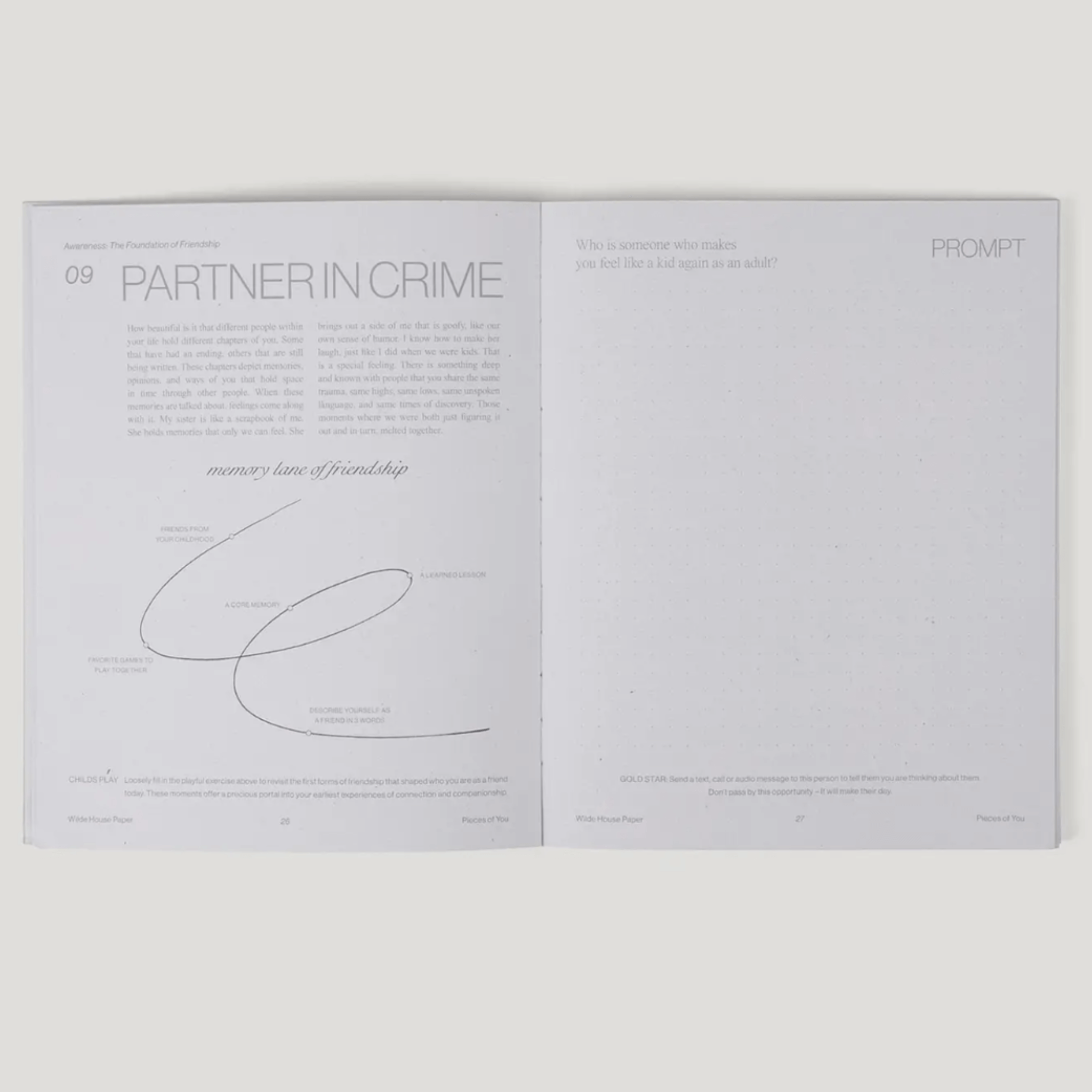 Open pages of the Pieces of You Journal featuring a prompt on friendship and reflection.