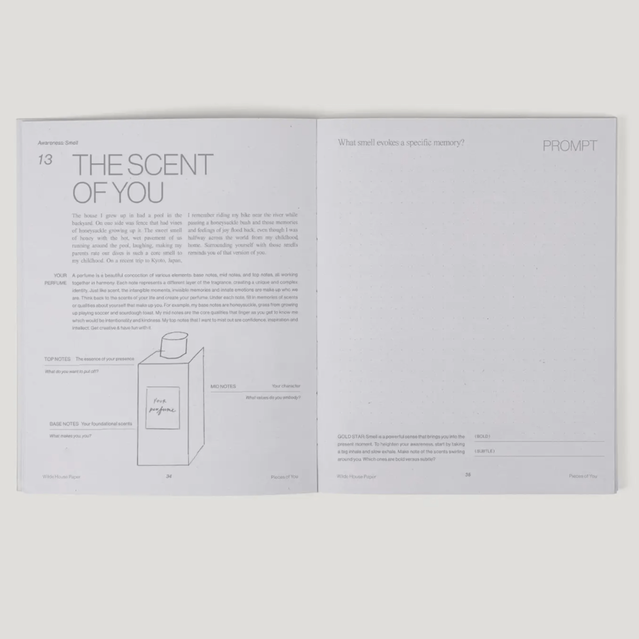 Open journal page featuring 'The Scent of You' prompt for self-discovery and memory reflection.