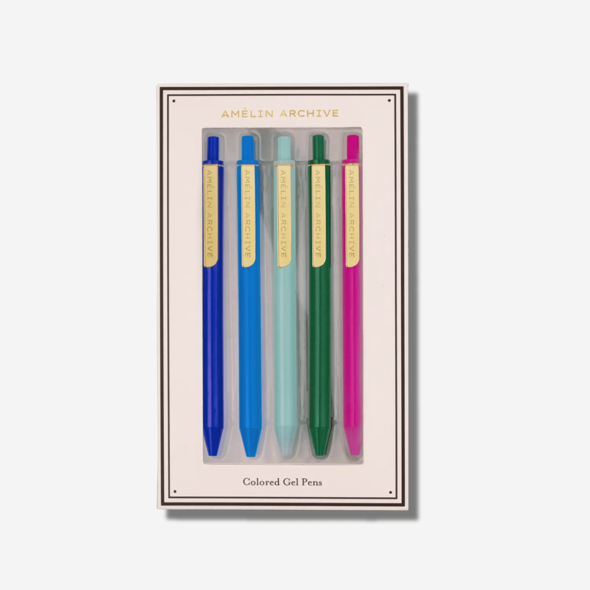 Five vibrant gel pens in assorted colors, beautifully packaged for creative inspiration and smooth writing.