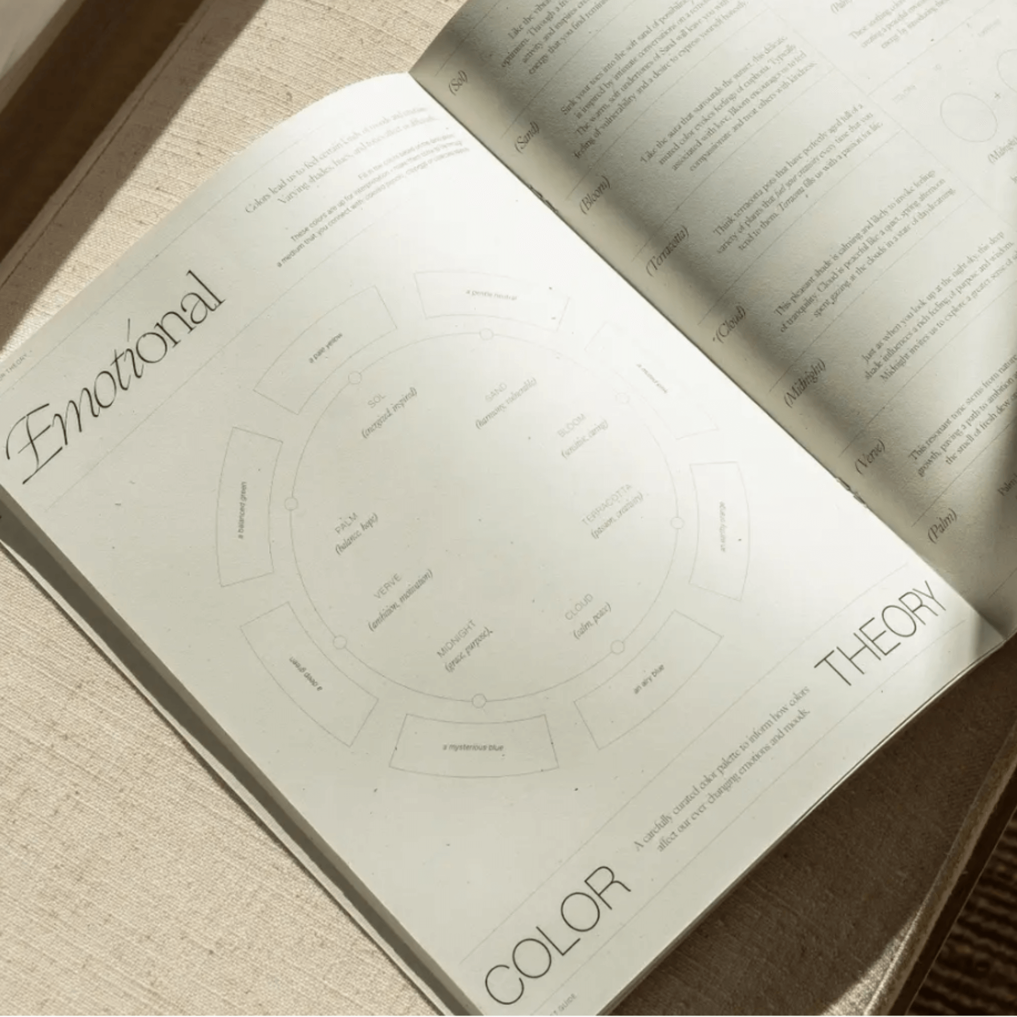 Open workbook page featuring emotional color theory concepts and reflective prompts for self-discovery.