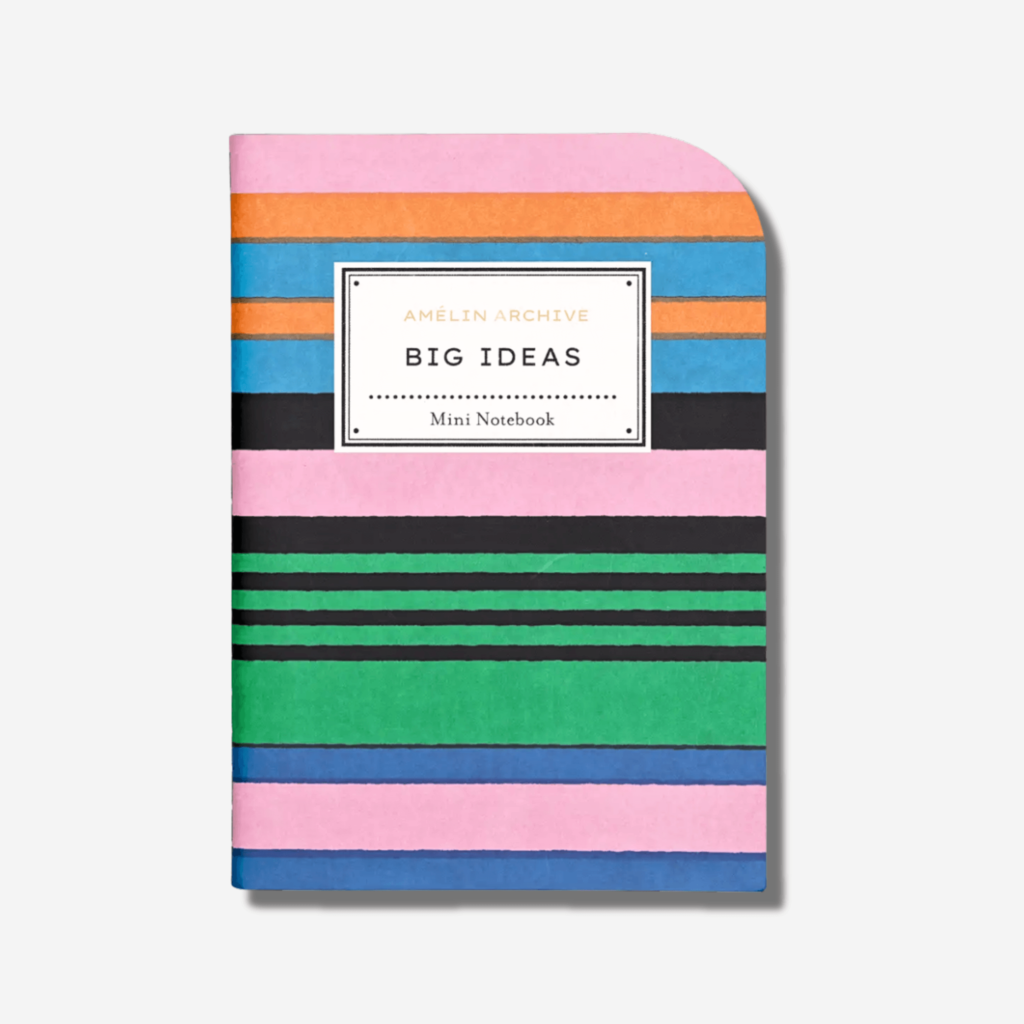 Colorful Big Ideas mini notebook with striped cover in pink, blue, green, and black for notes and sketches.