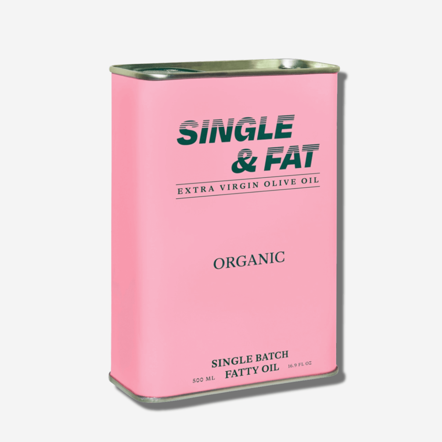 Pink can of Single & Fat Organic Extra Virgin Olive Oil, highlighting its bold and unique packaging.