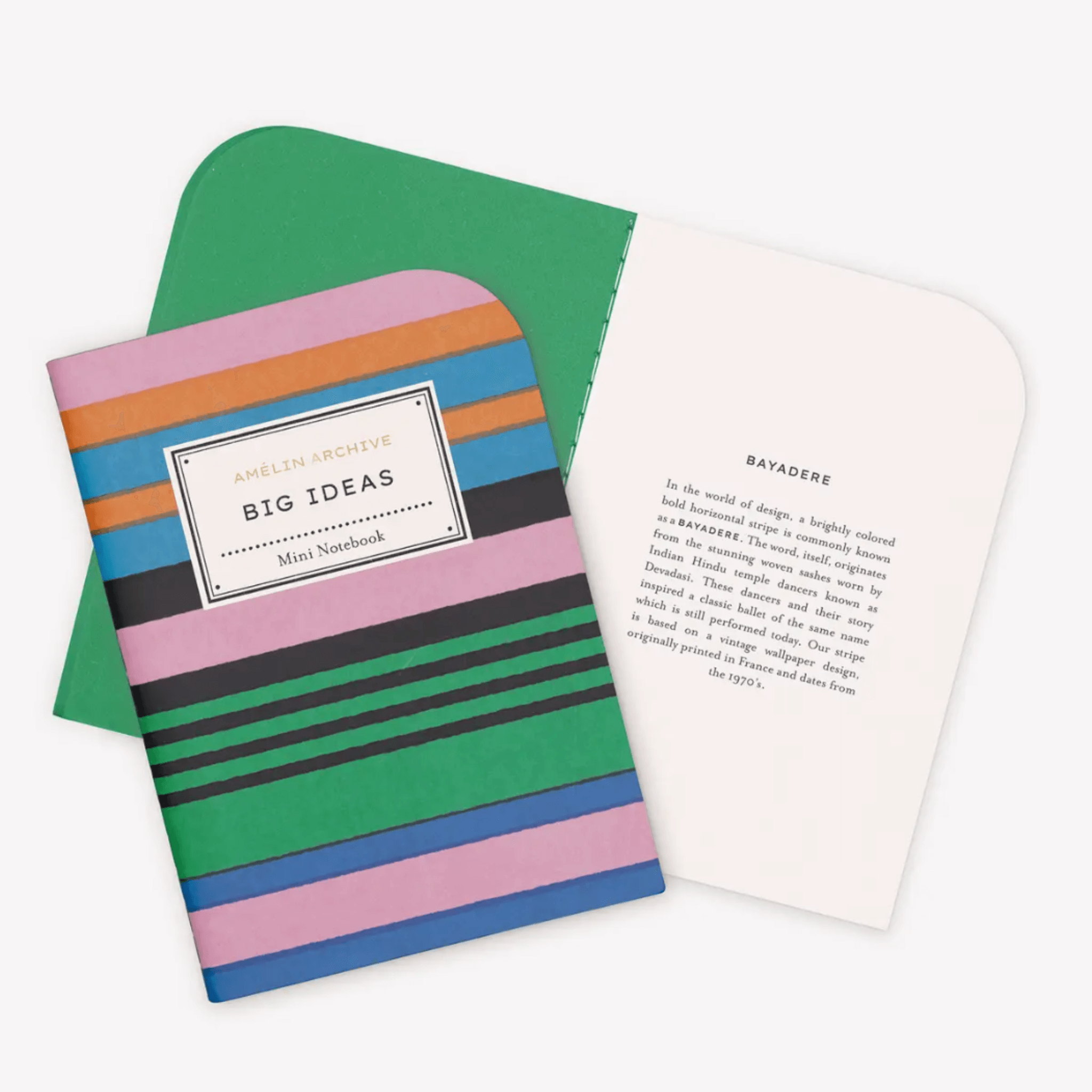 Colorful BIG IDEAS mini notebook with bold stripes and green inner cover, perfect for notes and sketches.