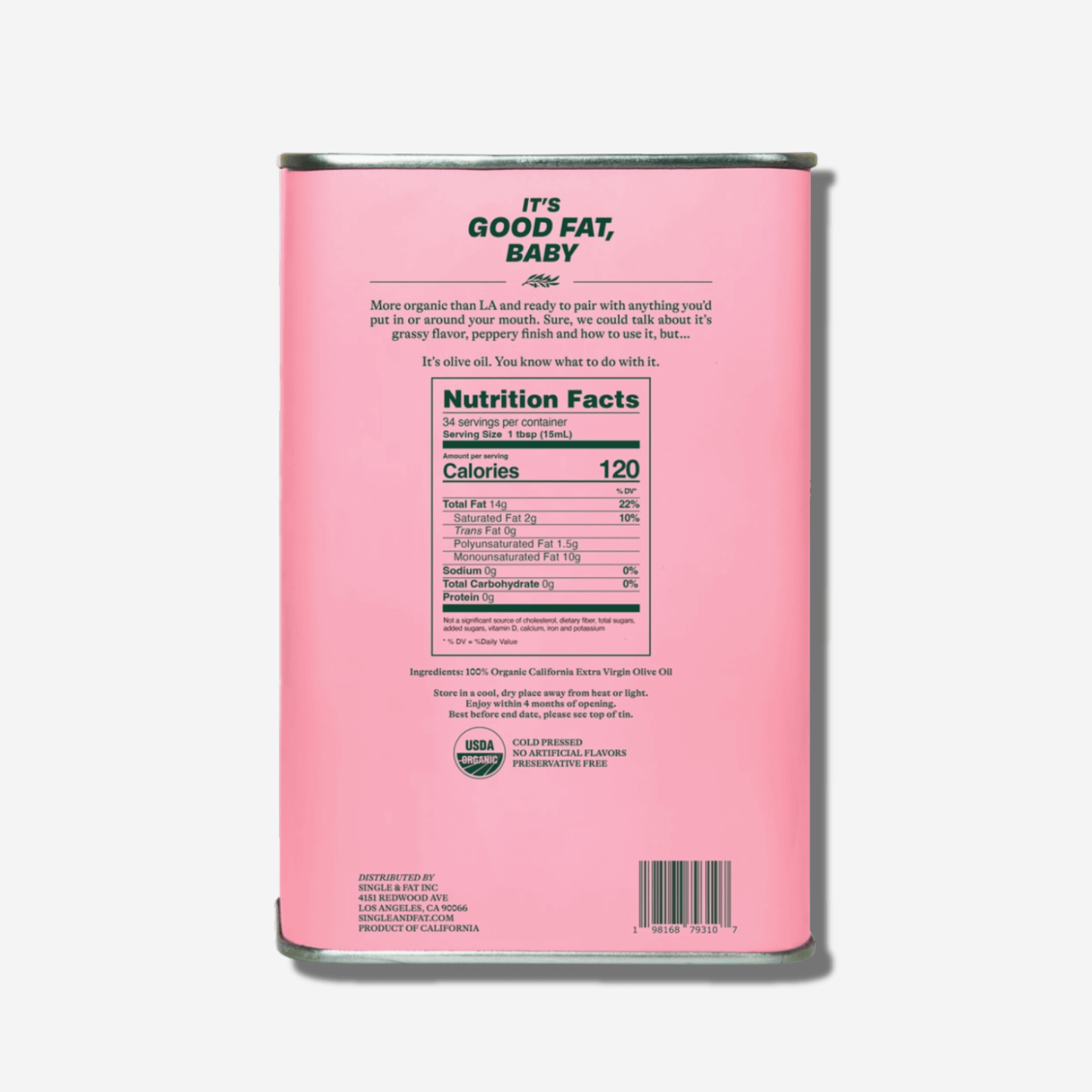 Nutrition facts of California Organic Extra Virgin Olive Oil in a stylish pink can, highlighting its benefits and bold flavor.