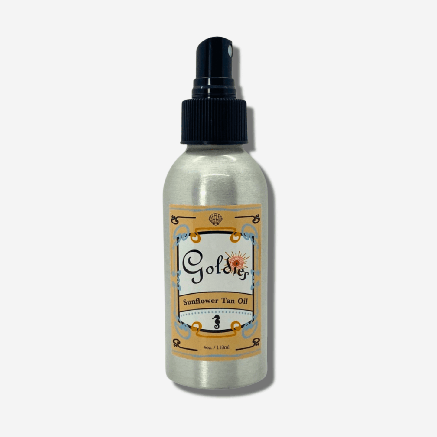 Goldie's Sunflower Tan Oil bottle with lightweight formula for a sun-kissed glow and skin nourishment.