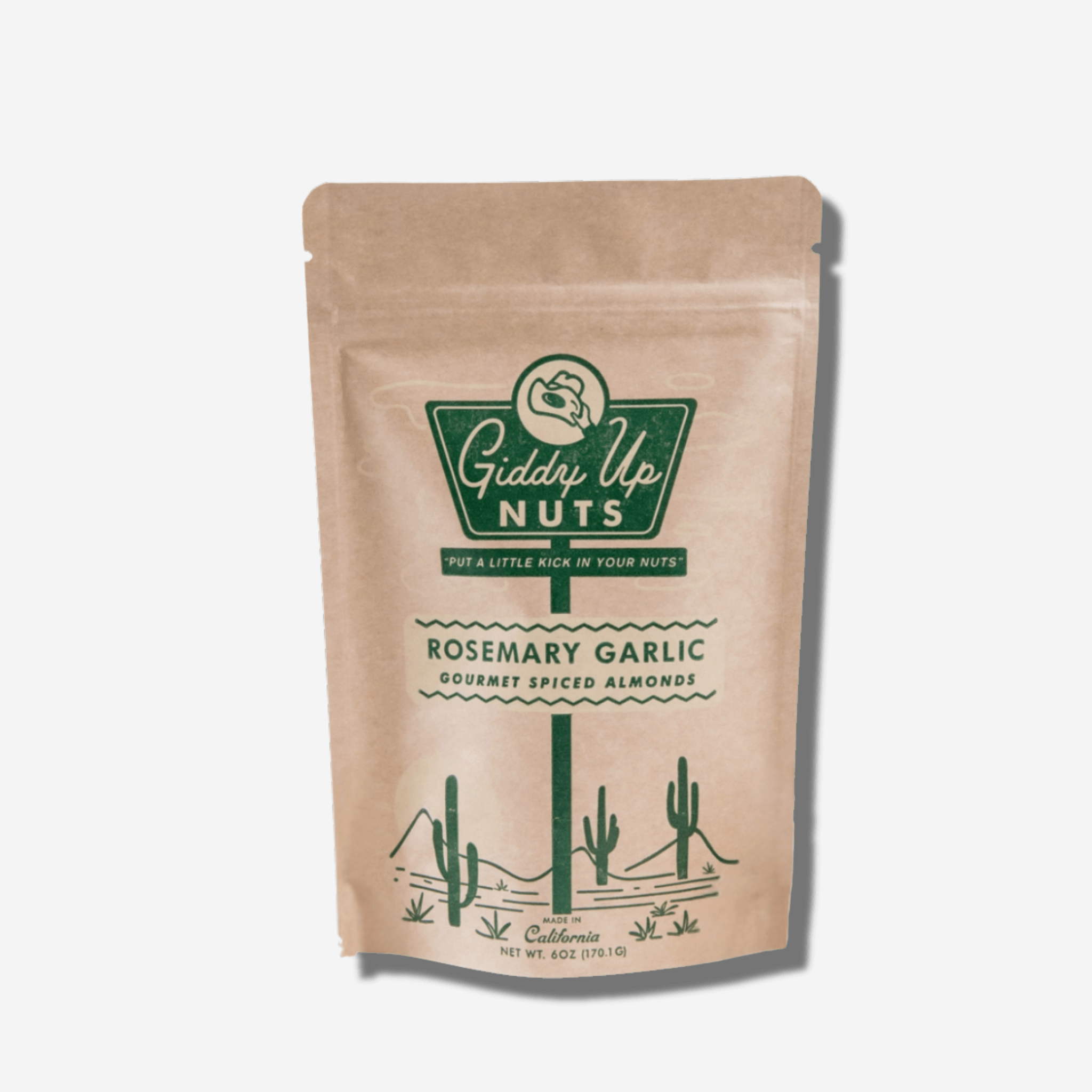 Giddy Up Nuts Rosemary Garlic Spiced Almonds packaging, showcasing gourmet snack with earthy flavor.