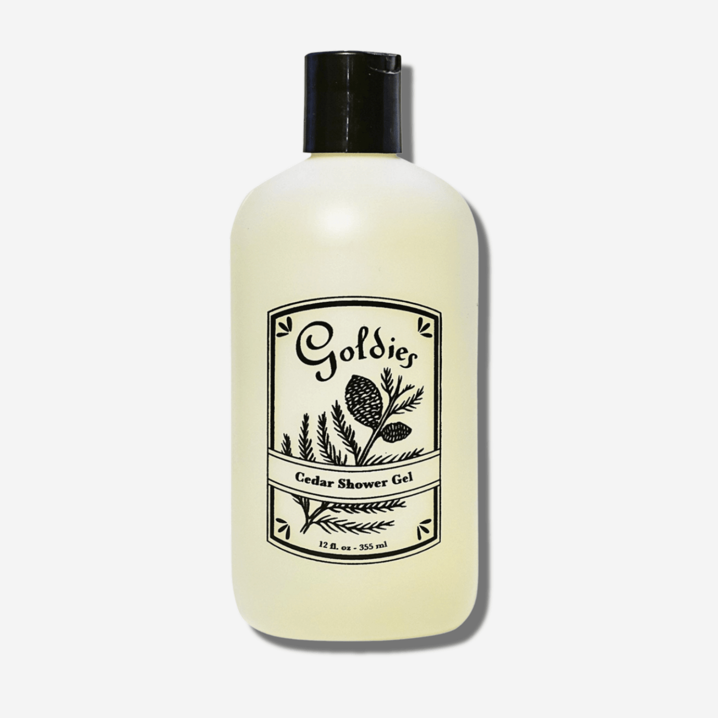 Goldie's Cedar Shower Gel bottle featuring a woodsy design, perfect for soothing and hydrating your skin.
