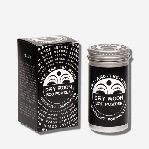 DAY MOON Bod Powder by Fat and the Moon in a sleek jar with a vibrant black and white design.