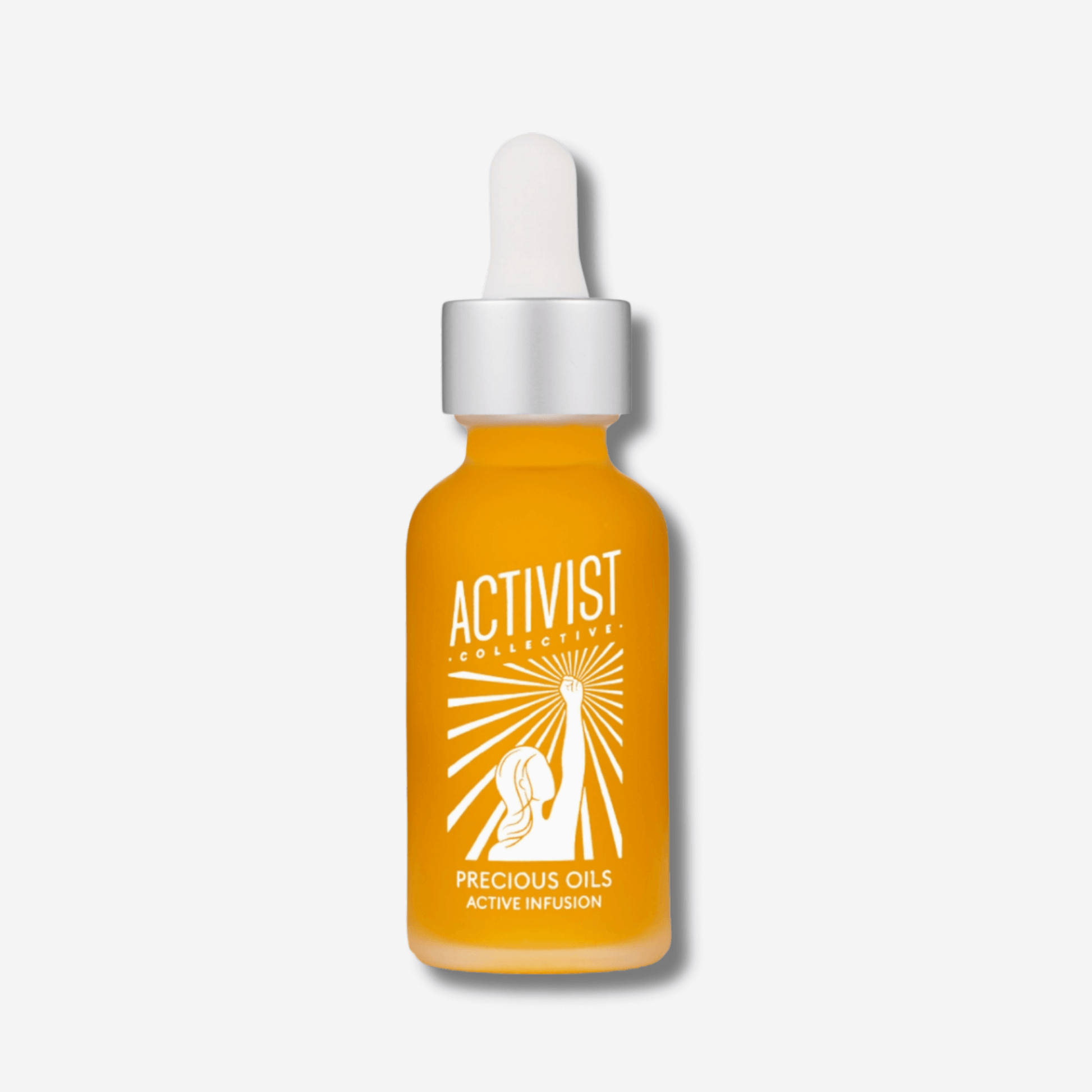 Precious Oils Active Infusion facial oil in a glass dropper bottle, nourishing skin with botanical oils and antioxidants.