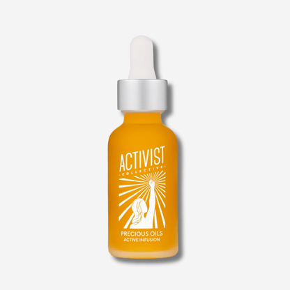 Precious Oils Active Infusion facial oil in a glass dropper bottle, nourishing skin with botanical oils and antioxidants.