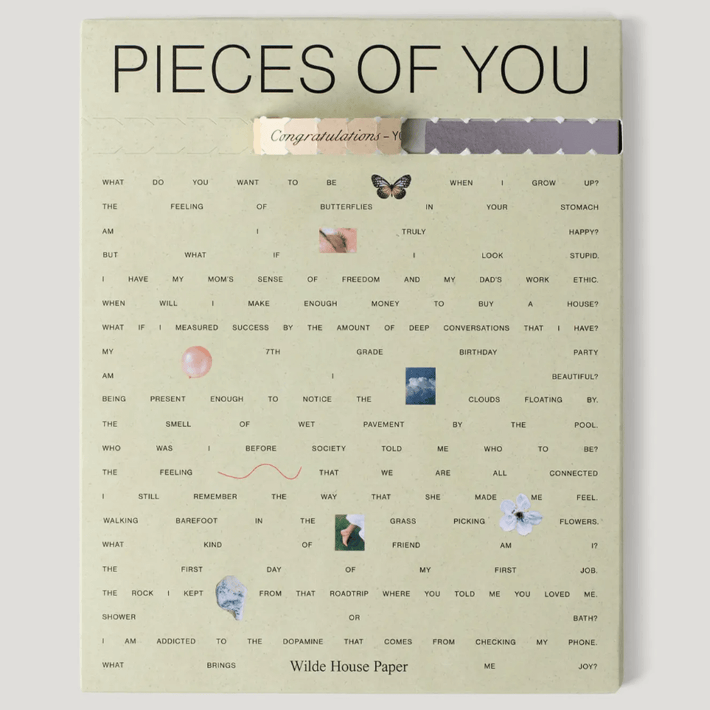 Cover of Pieces of You Journal, featuring whimsical prompts for self-discovery and creativity.