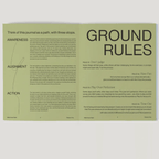 Open journal page displaying ground rules, including awareness, alignment, and action prompts for a guided introspection journey.
