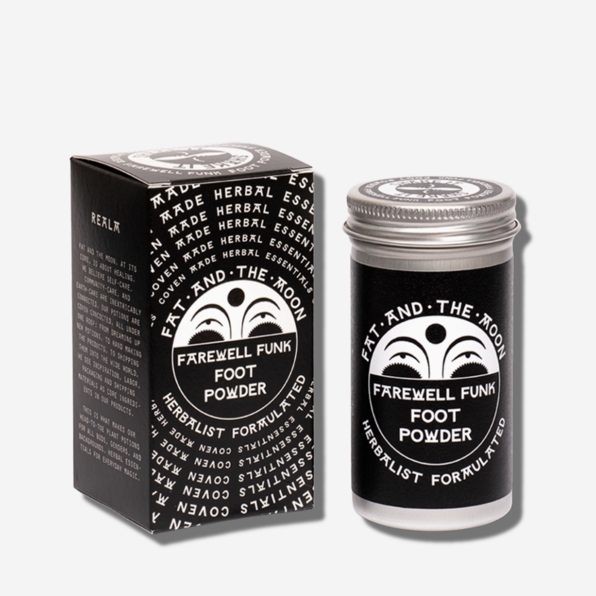Farewell Funk Foot Powder jar and box, herbal blend for fresh, dry, odor-free feet, by Fat and the Moon.
