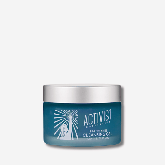 Activist Collective Sea to Skin Cleansing Gel in a 50ml jar, vivid blue color, for gentle makeup and sunscreen removal.
