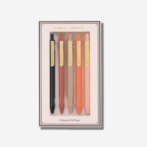 Set of 6 colored gel pens in sleek packaging, featuring vibrant ink colors and elegant design for creative writing.