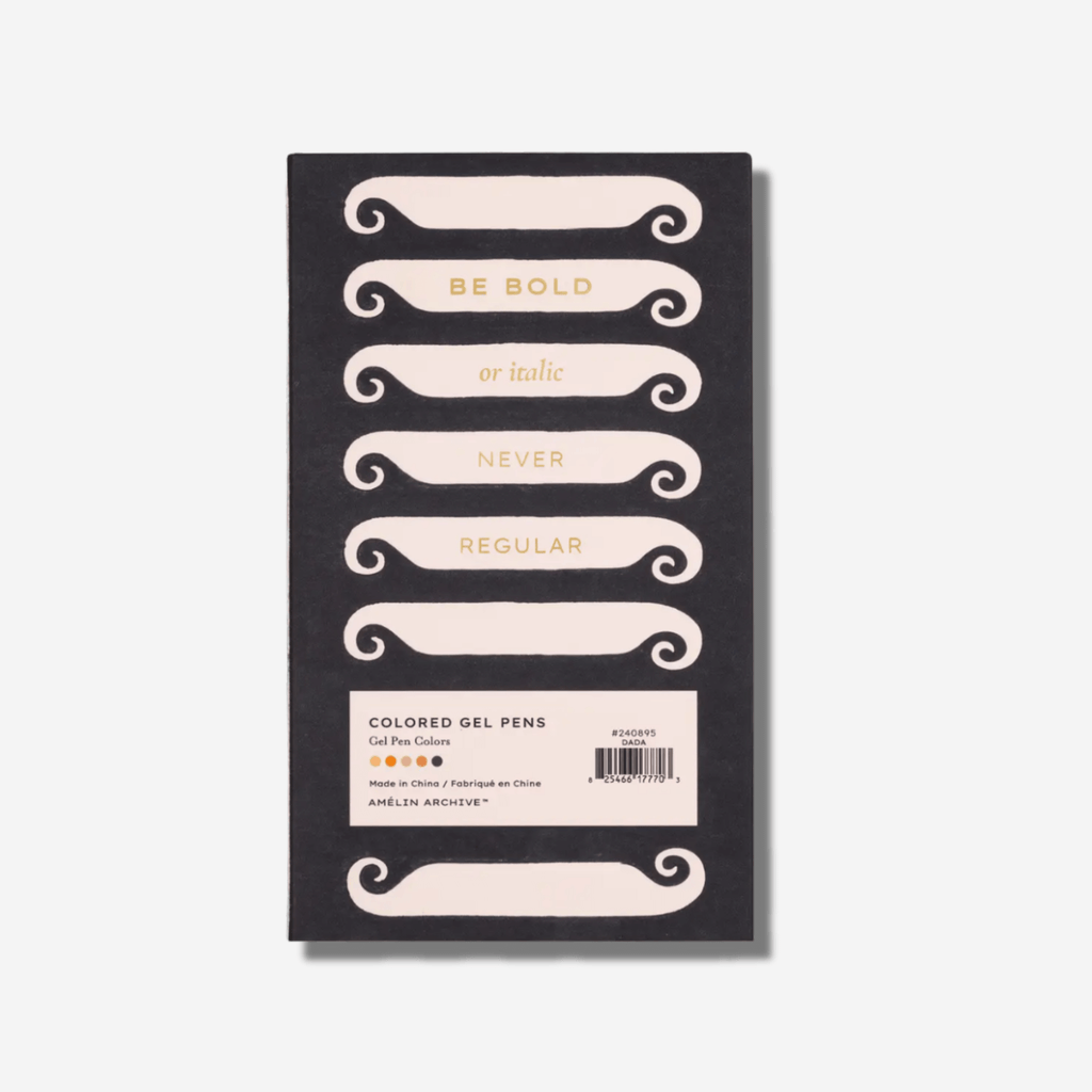 Back packaging of DADA colored gel pens with the mantra 'Be bold or italic, never regular' in stylish typography.