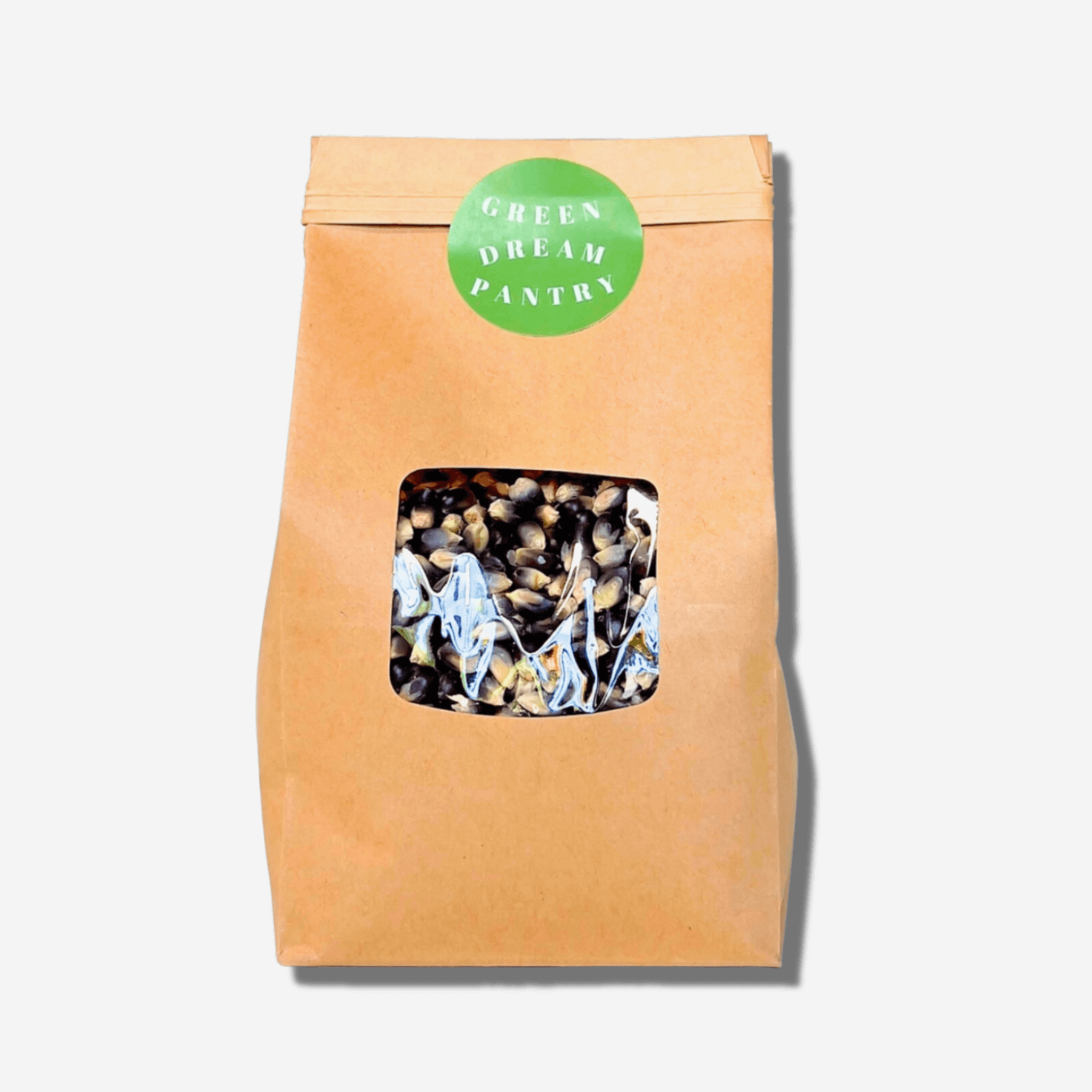 Green Dream Pantry's Shaman's Blue Popcorn, a bag filled with premium heirloom popcorn kernels.