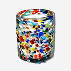 Colorful bubble glass candle featuring a vibrant, speckled design, showcasing unique artistic flair.