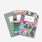 Set of 3 mini notebooks in vibrant designs: green, striped, and floral covers with 'BIG IDEAS' label.