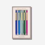 Five vibrant gel pens in assorted colors, beautifully packaged for creative inspiration and smooth writing.