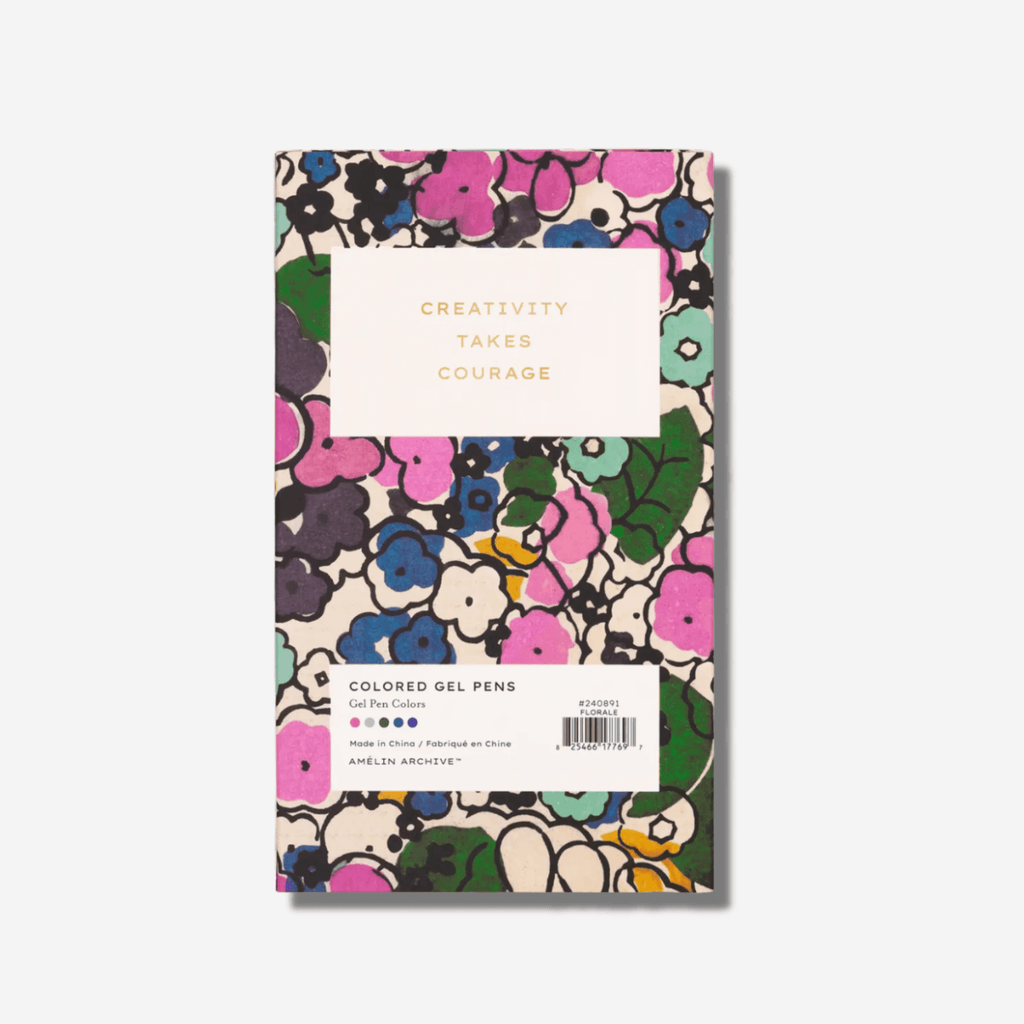 Colored gel pens packaging featuring the message 'Creativity Takes Courage' with vibrant floral design.