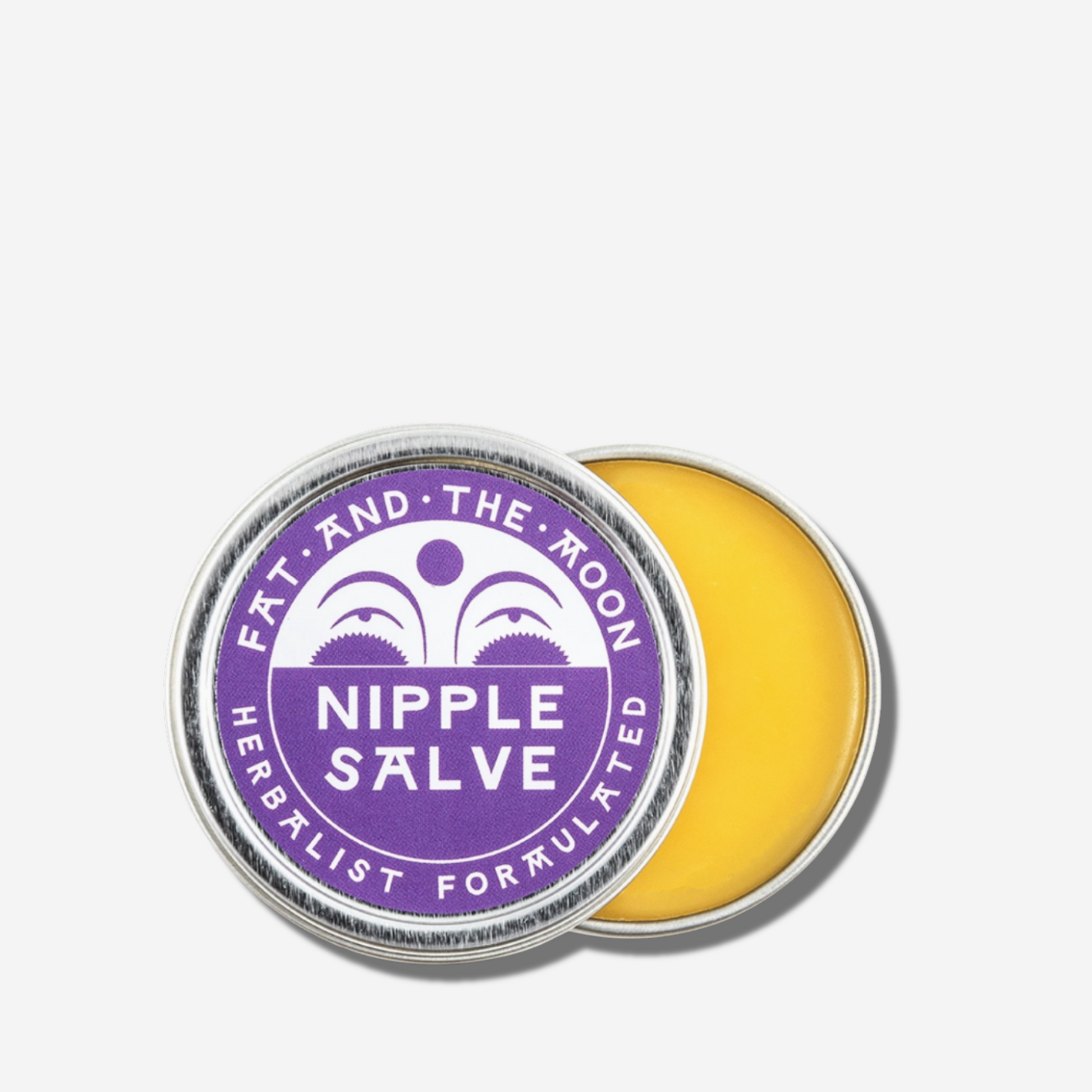 Nipple Salve by Fat and the Moon in a metal tin, soothing and hydrating for nursing moms, herbalist formulated.