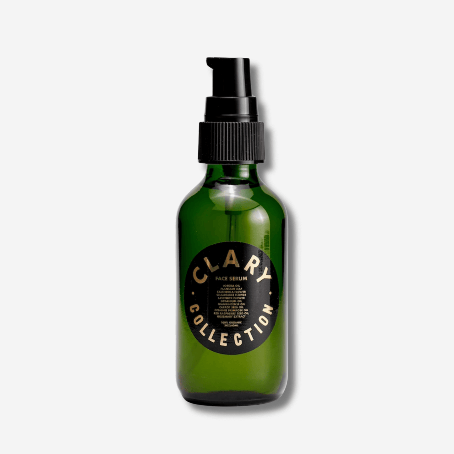 Clary Collection Face Serum in green glass bottle, featuring organic botanicals for hydrating and balancing skin.