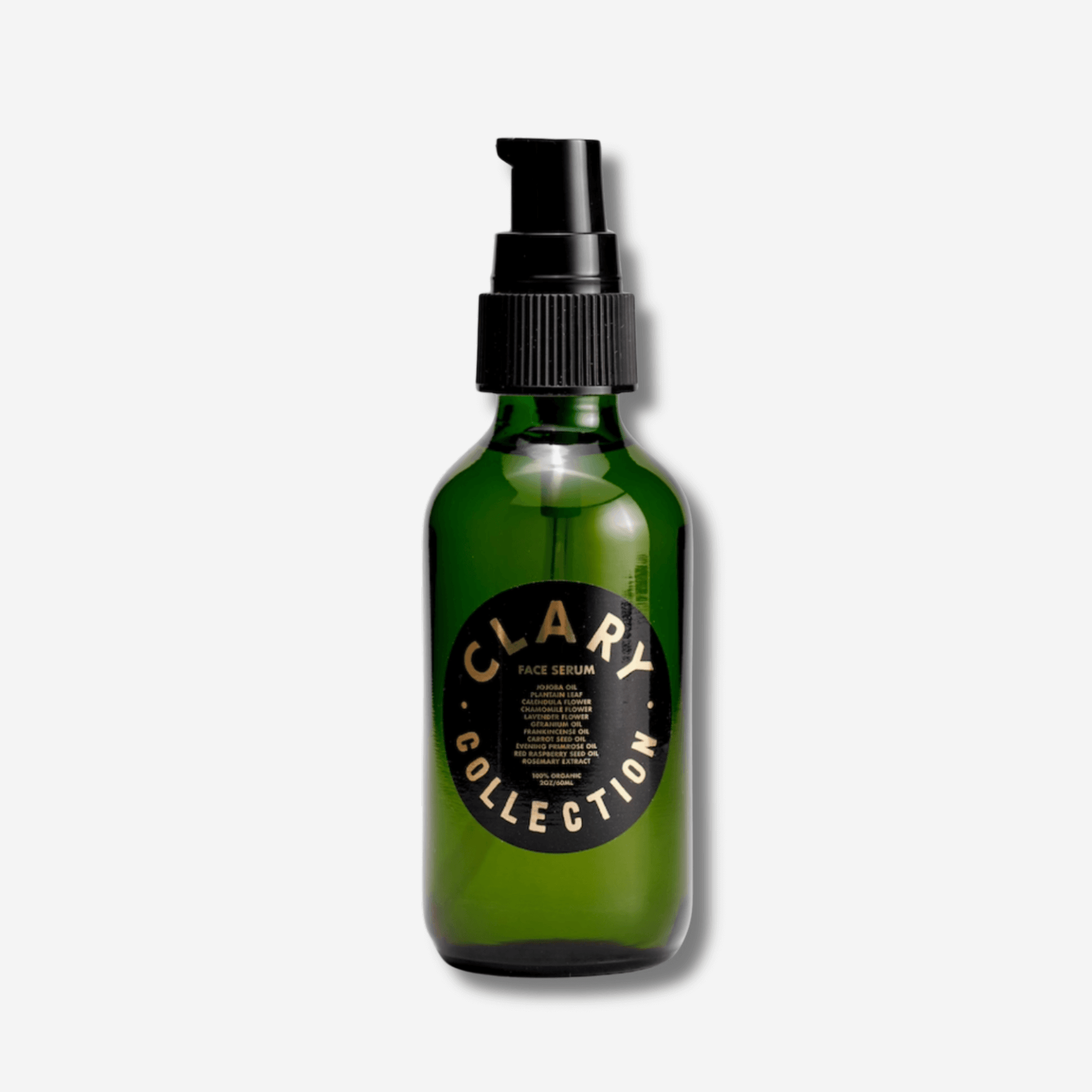 Clary Collection Face Serum in green glass bottle, featuring organic botanicals for hydrating and balancing skin.