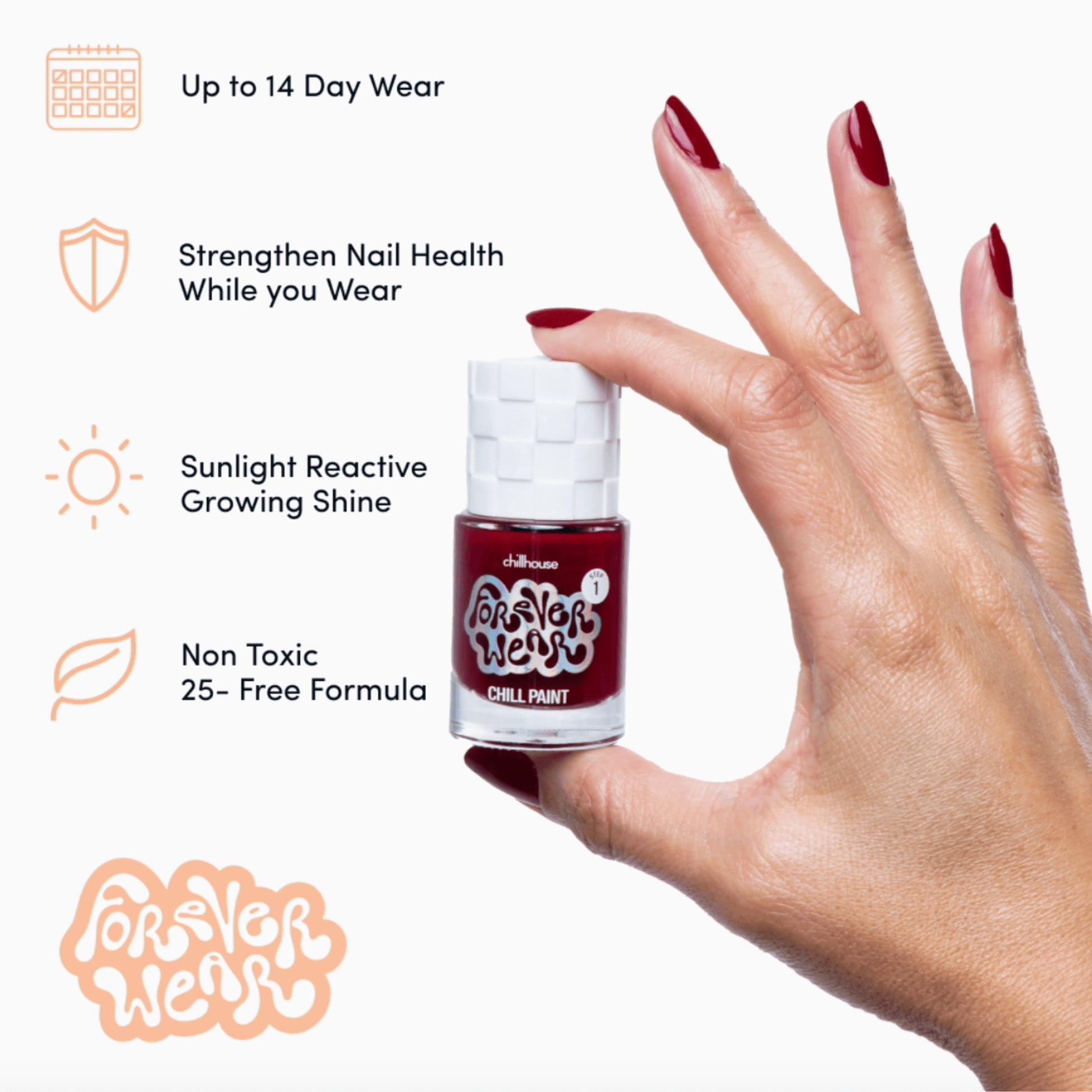 Forever Wear Chill Paint in Natty Wine, showcasing long-lasting, non-toxic polish for vibrant nail health and shine.