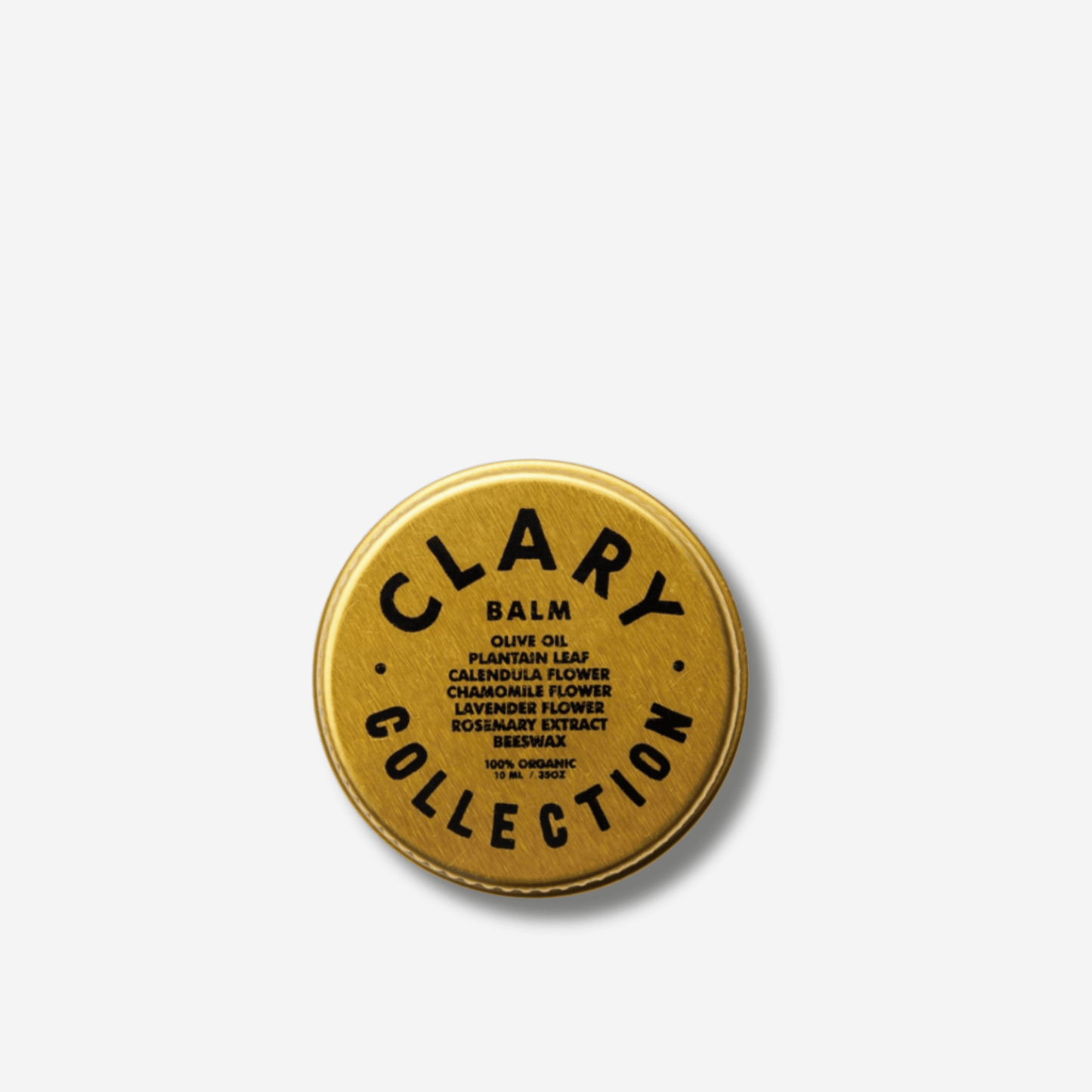 Clary Collection balm tin featuring olive oil, plantain, chamomile, lavender, and rosemary extracts for soothing skin.