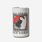 Lulu Organics Lavender + Clary Sage Dry Shampoo canister featuring vibrant artwork and natural hair care branding.