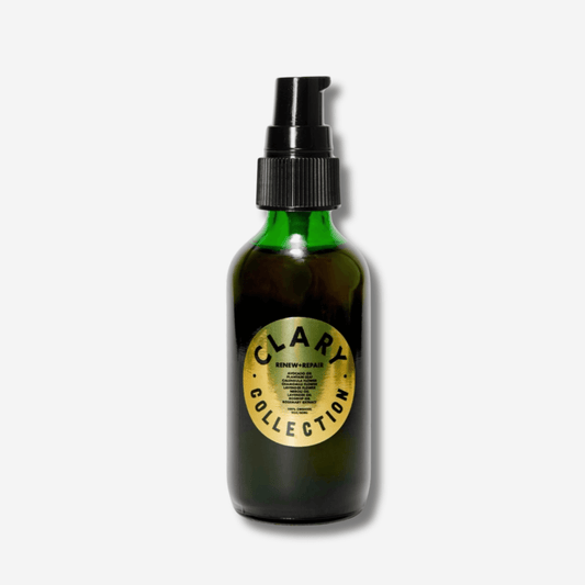 Renew + Repair Oil from Clary Collection, 2 oz bottle for skin healing and hydration with avocado oil.