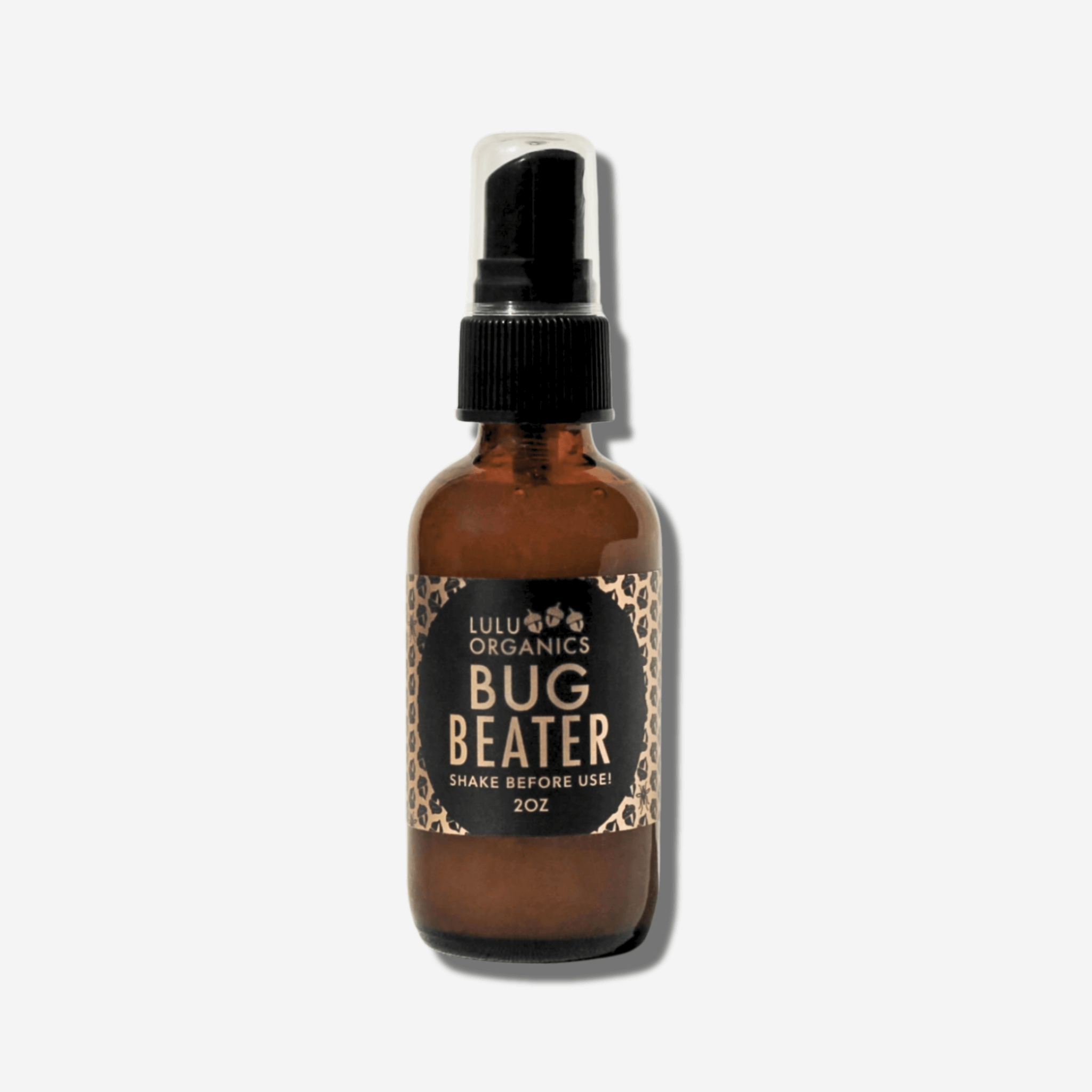 Lulu Organics Bug Beater herbal bug spray in 2 oz amber bottle, DEET-free, made with catnip, lavender, and lemongrass.