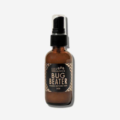 Lulu Organics Bug Beater herbal bug spray in 2 oz amber bottle, DEET-free, made with catnip, lavender, and lemongrass.