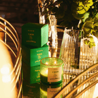 Casa Polanco candle next to green boxes on a reflective table, surrounded by elegant decor and greenery.
