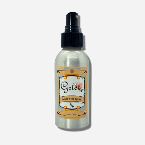 Goldie’s After Sun Spray in a silver bottle, a soothing blend for sun-soaked skin care and hydration.