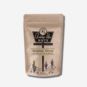 Giddy Up Nuts Original Spiced Almonds bag featuring a blend of sweet cinnamon and zesty orange.