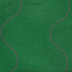 Close-up of a vibrant green linen fabric with pink wavy stitched details, perfect for kitchen or bath use.