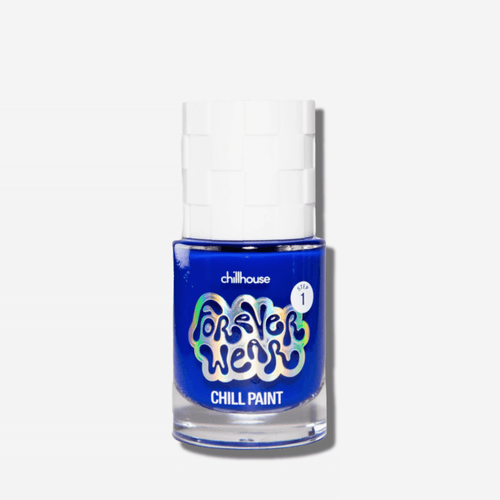 Forever Wear Chill Paint in vibrant cobalt blue, a long-lasting junk-free nail polish for striking manicures.