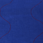Wavy linen tea towel in vibrant blue with red stitching detail, perfect for kitchen use and decor.