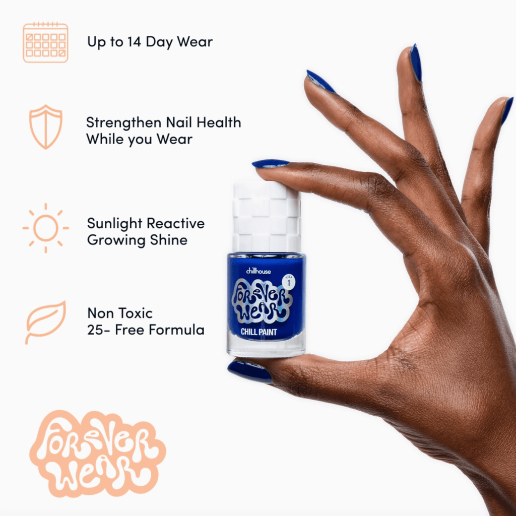 Forever Wear Chill Paint in cobalt blue, showcasing long-lasting nail polish benefits and non-toxic formula.