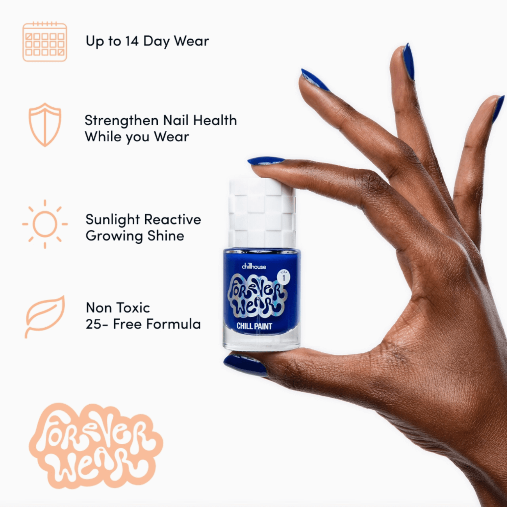 Forever Wear Chill Paint in cobalt blue, showcasing long-lasting nail polish benefits and non-toxic formula.