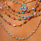 Vibrant Malak Necklace featuring colorful enamel evil eye charms in gold-plated aluminum, perfect for protection and style.