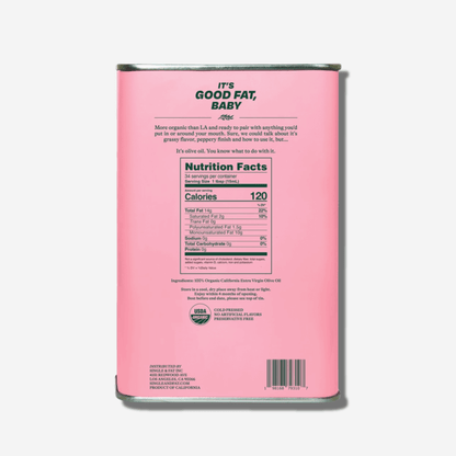 Nutrition facts of California Organic Extra Virgin Olive Oil in a stylish pink can, highlighting its benefits and bold flavor.