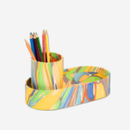 Hand-marbled rainbow tray and cup set showcasing colorful pencils, adding joy and organization to any workspace.