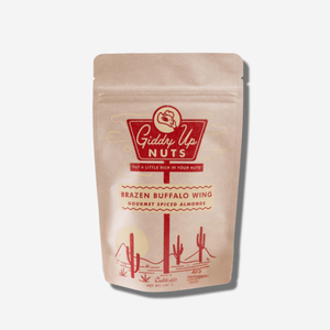 Giddy Up Nuts Brazen Buffalo Wing Spiced Almonds packaging, featuring a bold design and flavor inspiration.