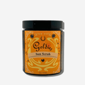 Goldie's Natural Beauty Sun Scrub jar, featuring a vibrant orange label and natural ingredients for glowing skin.